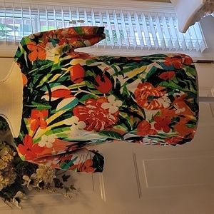 Joseph A. Orange Aqua Red Black floral pullover short sleeve sweater Med…EUC